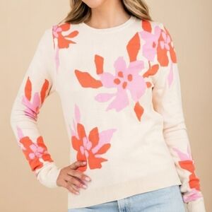 THML Crewneck Knit Sweater Retro Boutique Top Floral Cream Pink Orange Small